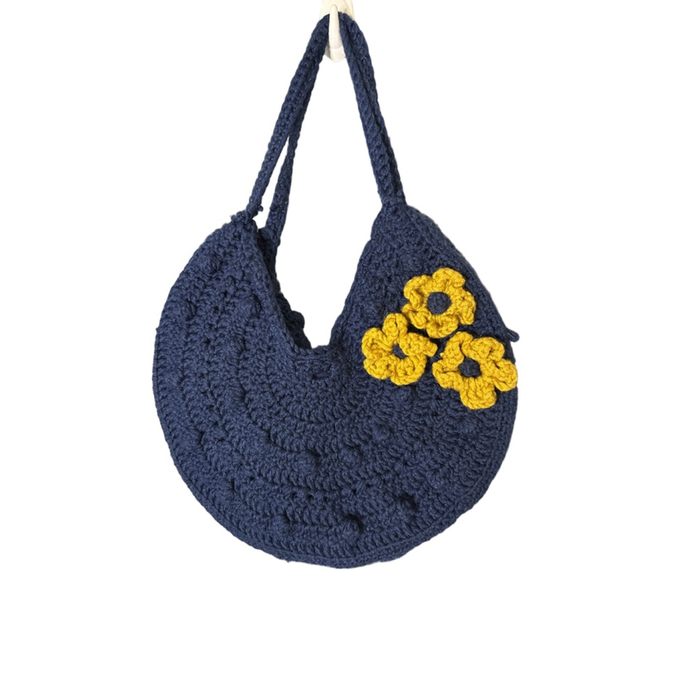 Navy Crocheted Crescent Shoulder Bag with Yellow Flowers